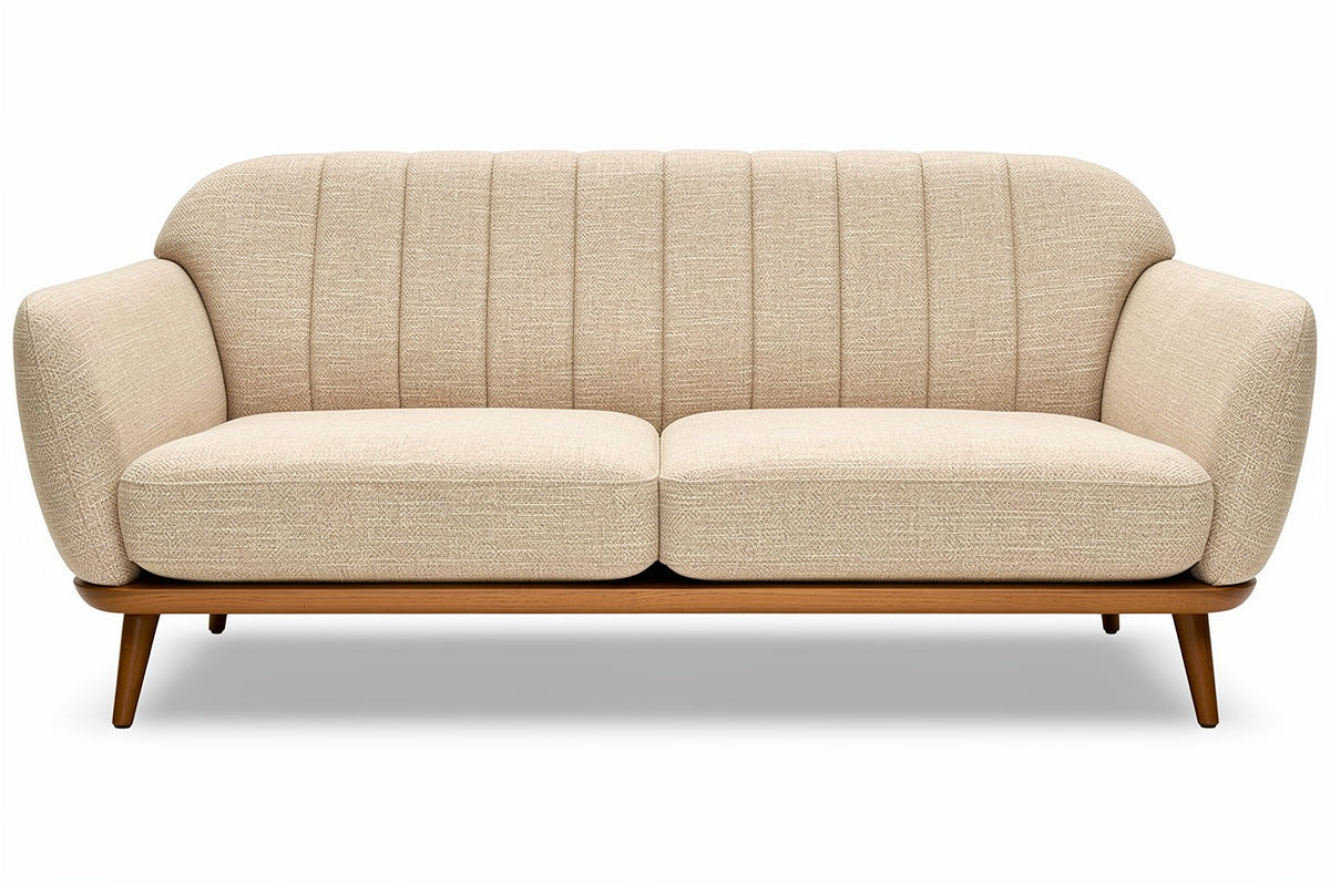Modern beige bank met houten benen en gestreept ontwerp