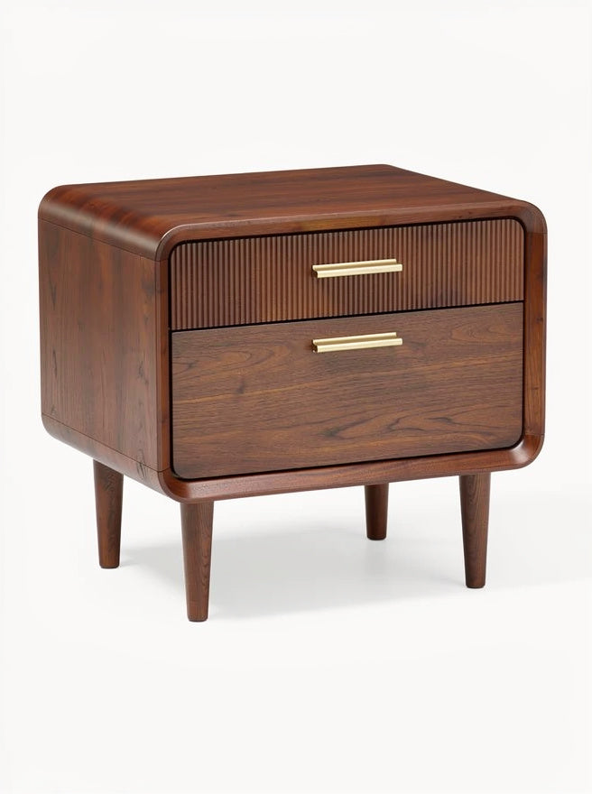 **Houten Nachtkastje met Ribbel Motief en Gouden Handgrepen**